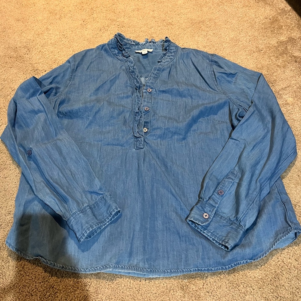 Kim Rogers chambray denim tunic shirt with ruffle collar - Size XL